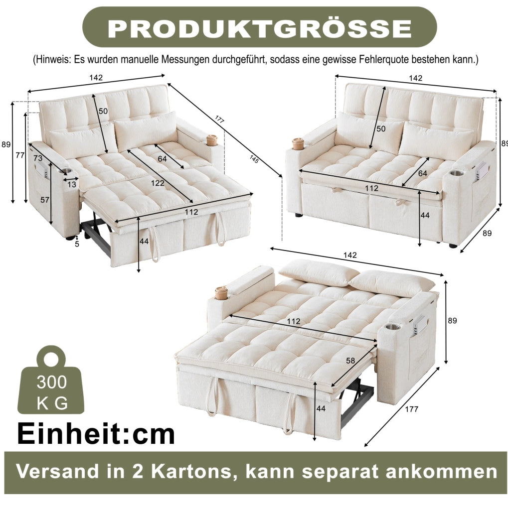 Divano letto 3 in 1 beige da 142 cm con contenitori e portabicchieri