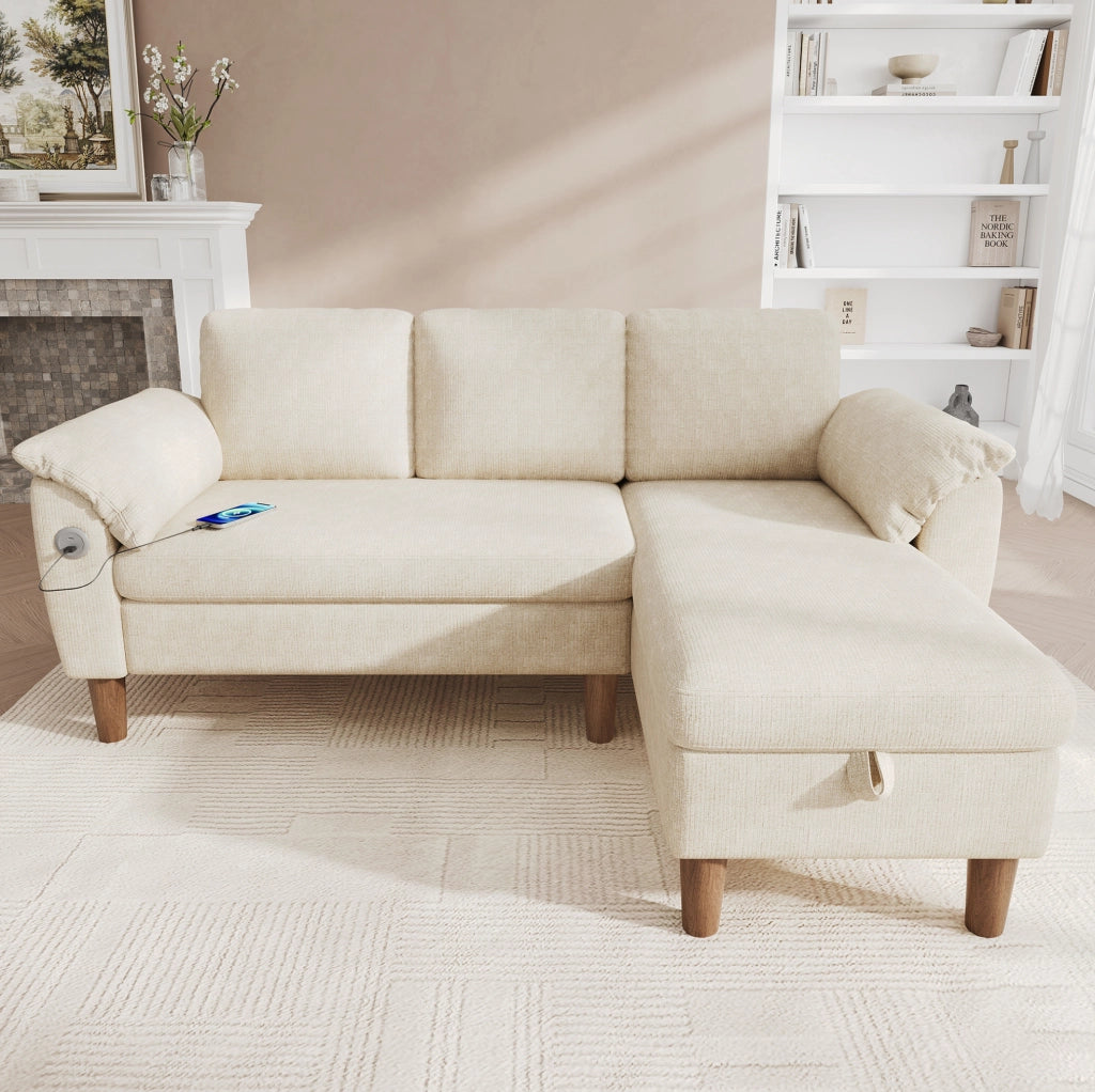 Divano angolare 3 posti beige in ciniglia con contenitore, USB e Type-C