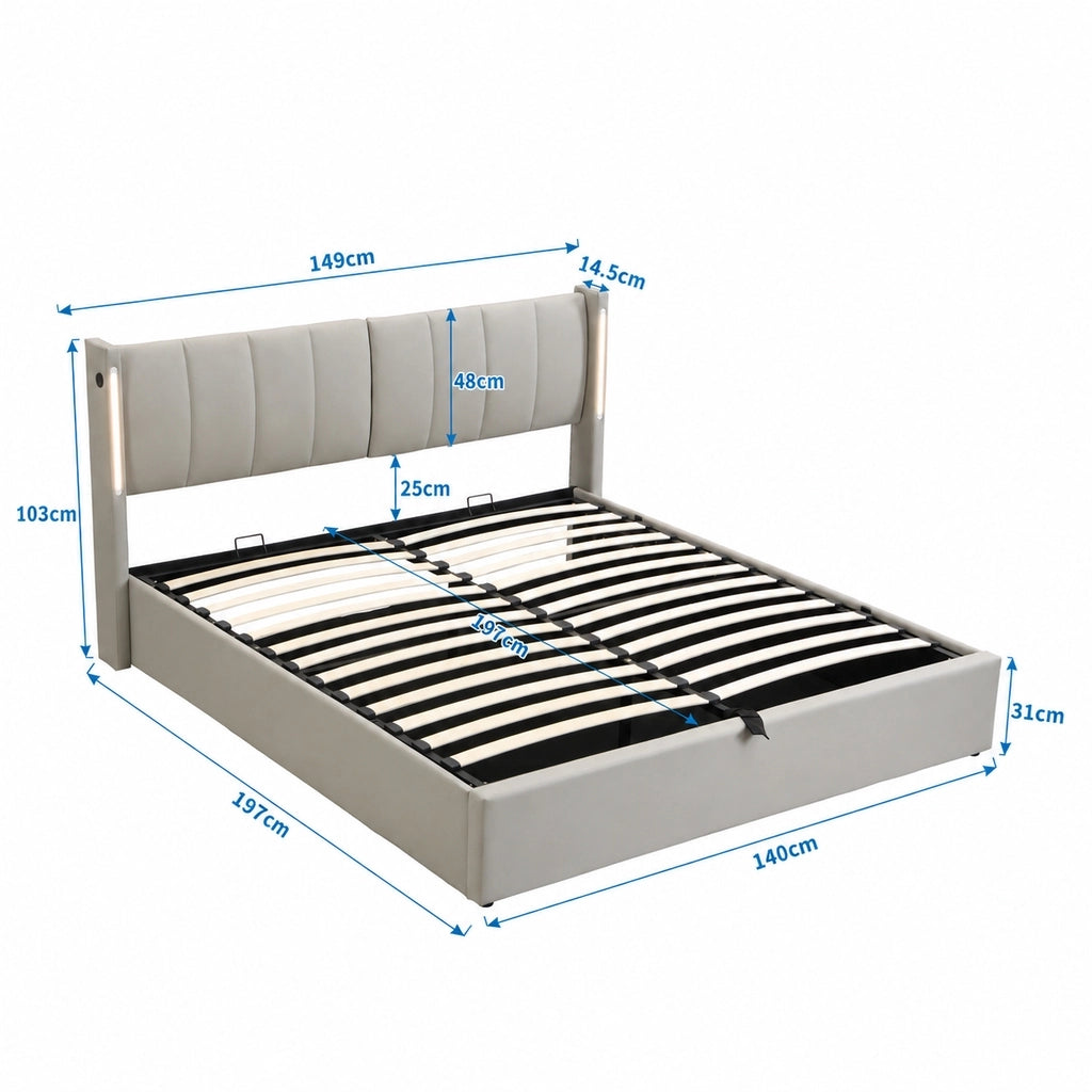 Letto imbottito 140 x 190 cm con contenitore sottoletto; LED e testiera regolabile; PU grigio