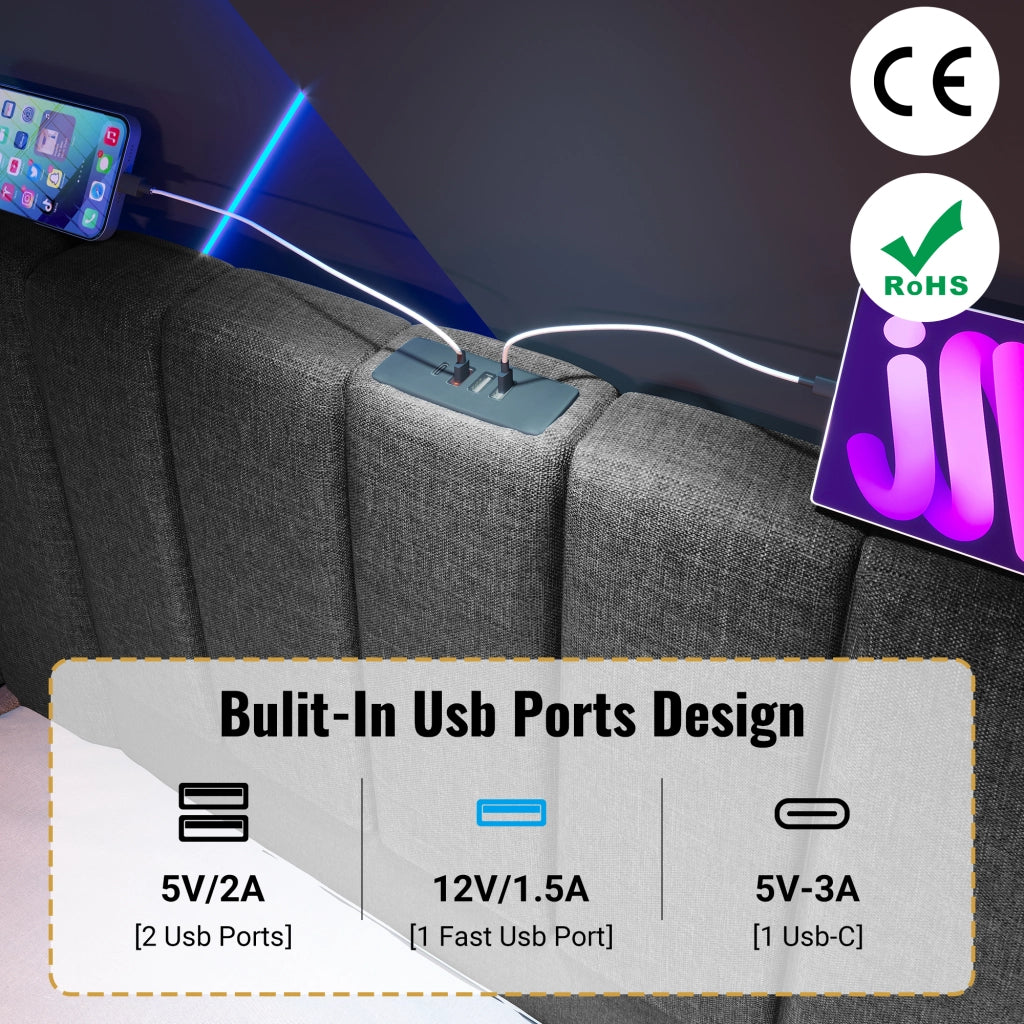 Letto matrimoniale contenitore 160 × 200 cm con LED app ricarica USB USB C 20 W lino grigio rete a doghe