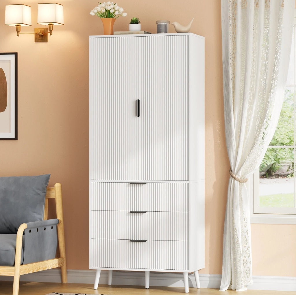Armadio alto bianco con 2 ante e 3 cassetti, 75 × 35 × 180 cm