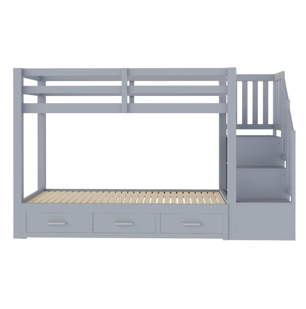 Letto a castello ULEVR 90x200 cm con letto estraibile 90/180x190 cm, 3 cassetti e scala contenitore, grigio