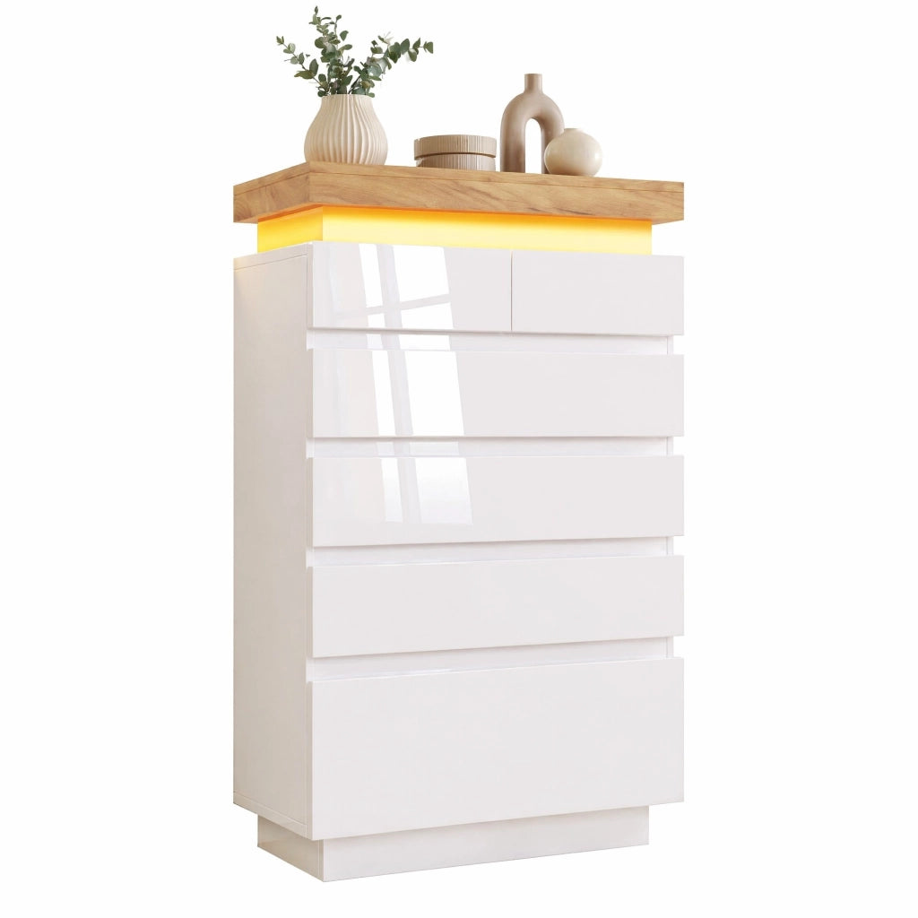 Credenza con 6 cassetti e illuminazione LED controllabile tramite app; 73x39x115 cm; bianco lucido