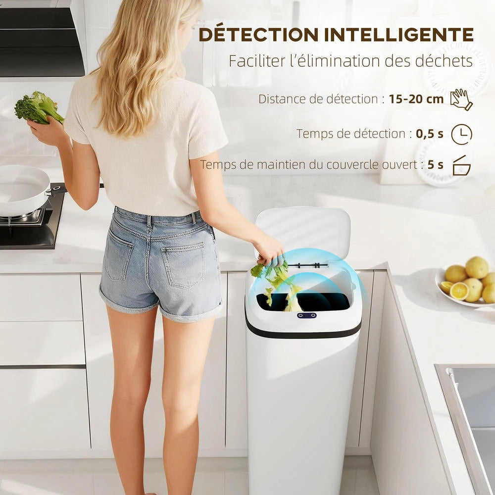 Pattumiera automatica da cucina 50L in acciaio inox bianco con sensore di movimento, cestino rifiuti 33x25x84cm