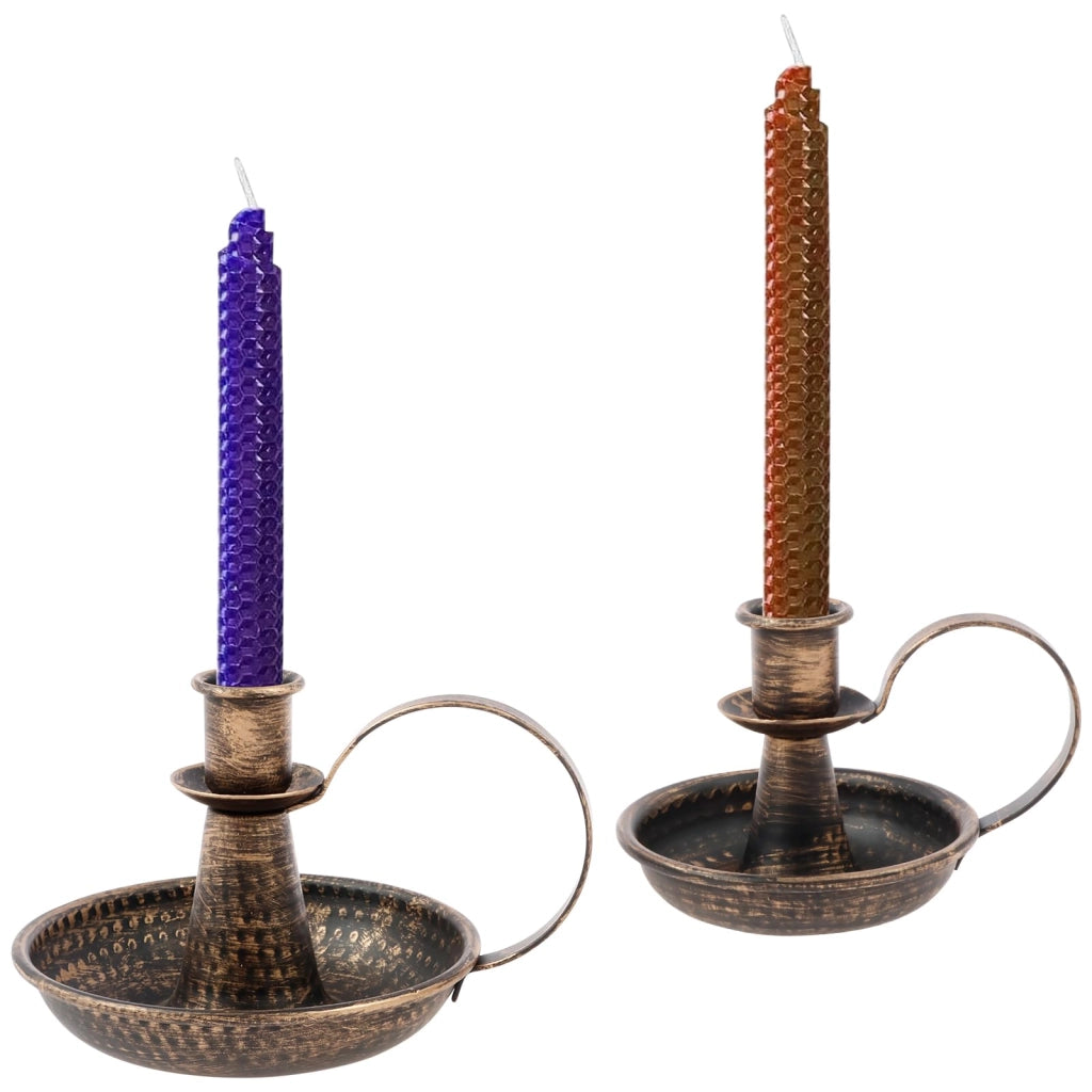 Set di 2 portacandele in stile retrò, realizzati in ferro, con manico curvo, finitura bronzo
