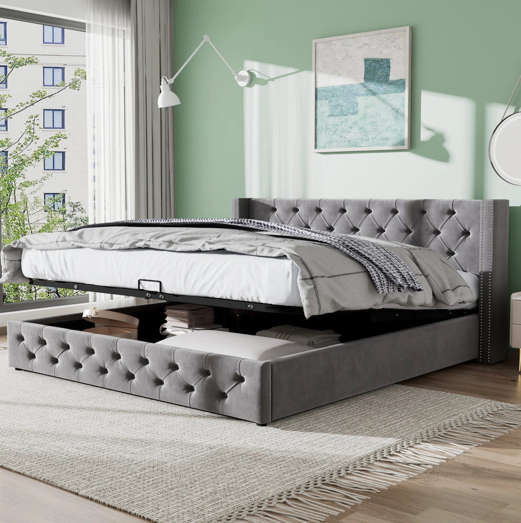 Letto matrimoniale grigio in flanella con testiera capitonnè e contenitore idraulico 140x190 cm