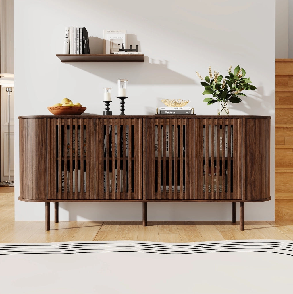 Credenza 160x40x70 cm in MDF con 4 ante scorrevoli traforate e ripiani regolabili; noce