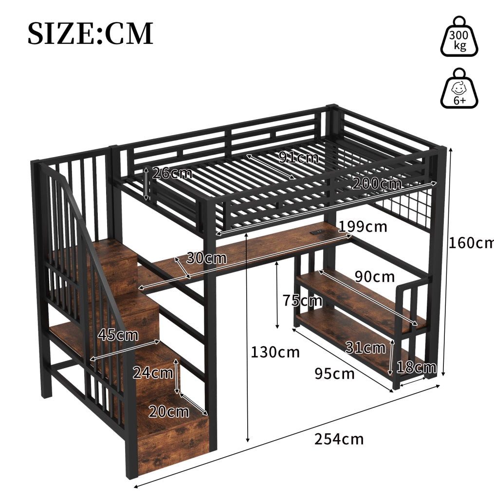 Letto a Castello 90x200 cm con Struttura in Ferro, Mensola, Rete Appendibile, Striscia LED, Scrivania, Scale con Spazio di Stoccaggio, 2 Porte USB e 1 Porta Tipo-C, Nero, Senza Materasso