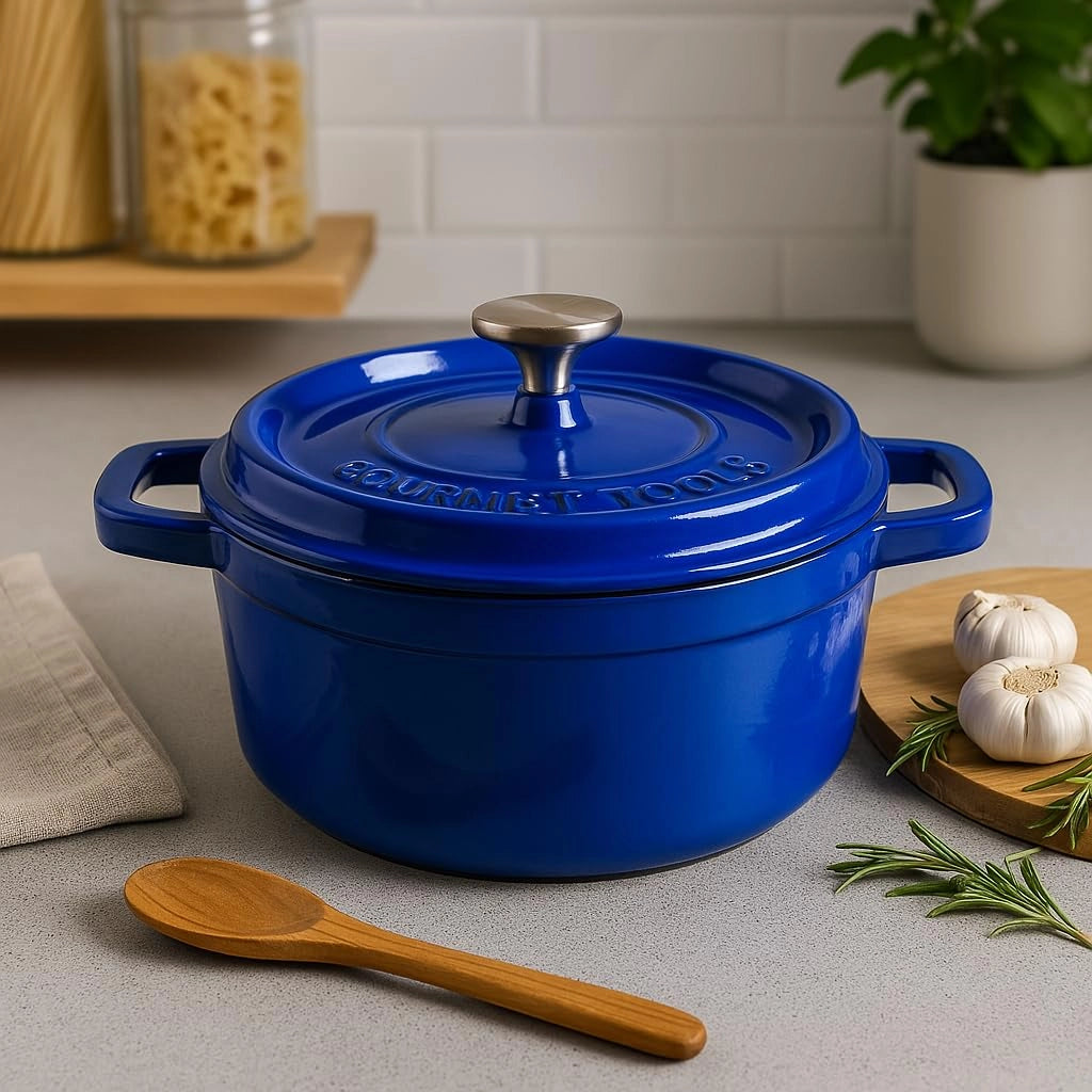 Cocotte in ghisa, 24 cm, 3,6 L, blu, con coperchio, ideale per stufati