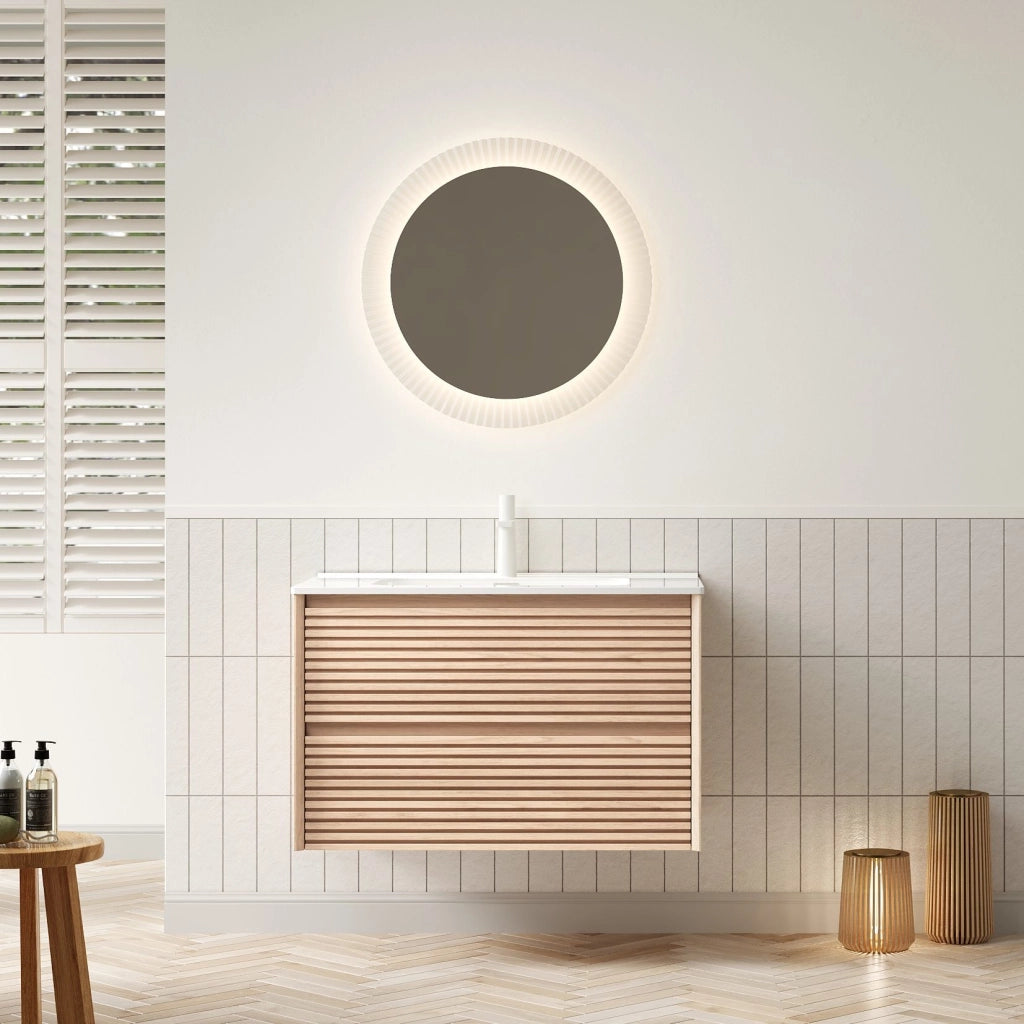 Mobile lavabo sospeso 81 cm bianco e naturale, doppio cassetto, preassemblato