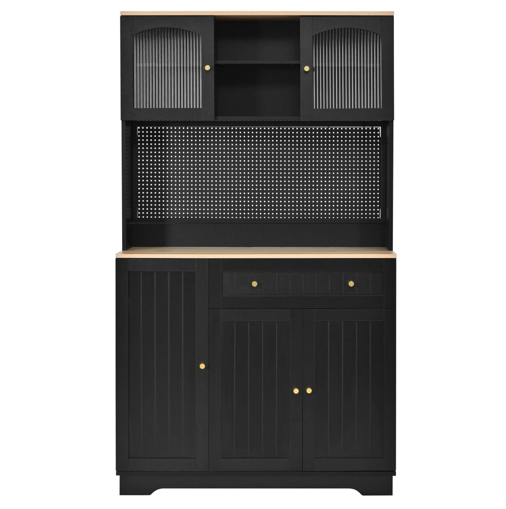 Credenza alta nera con vetrina, ripiani regolabili e pannello forato, 103,5 x 40 x 180 cm