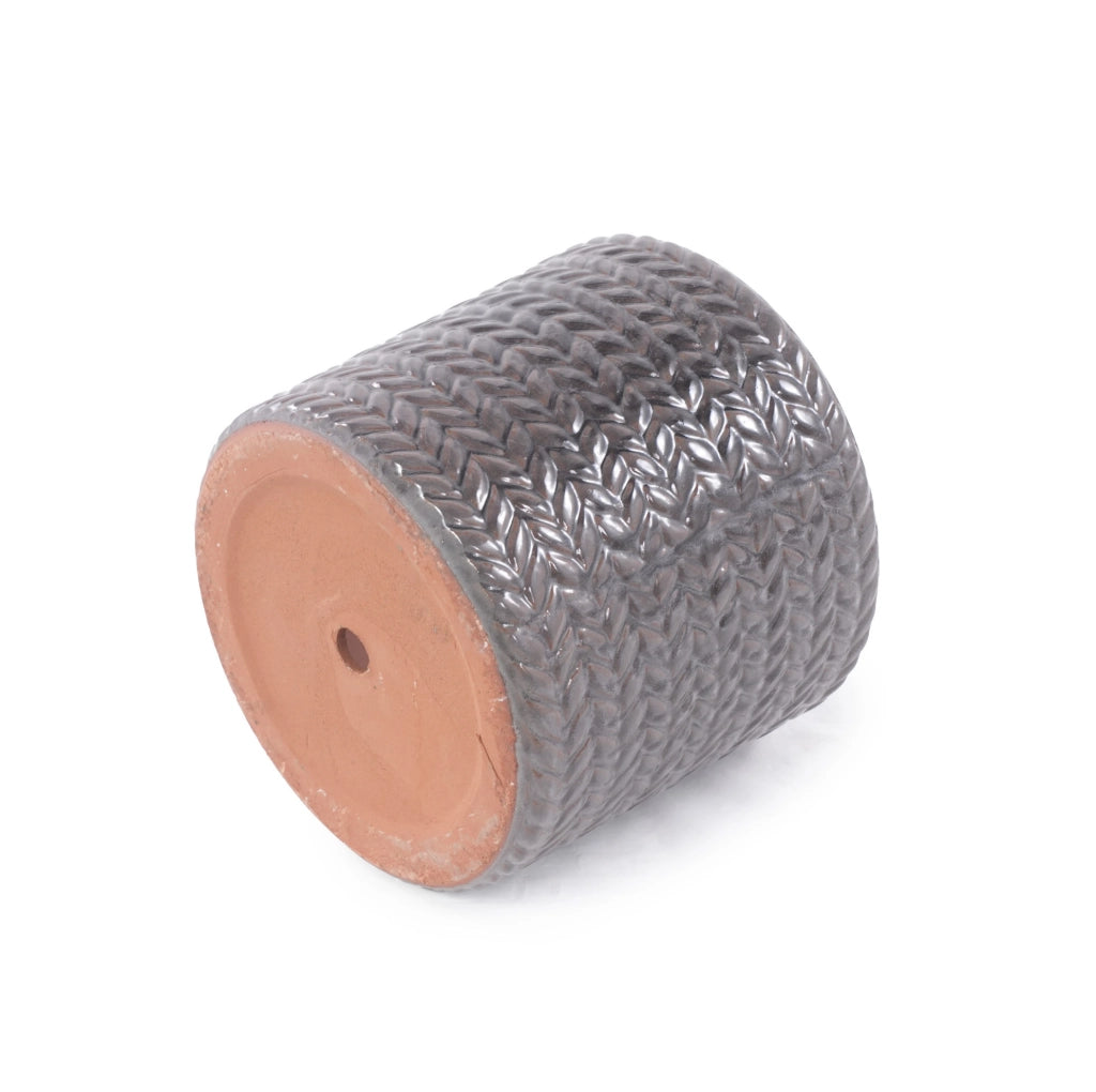 Vaso in ceramica grigio lucido Ø 24,5 cm con rilievo e foro di drenaggio