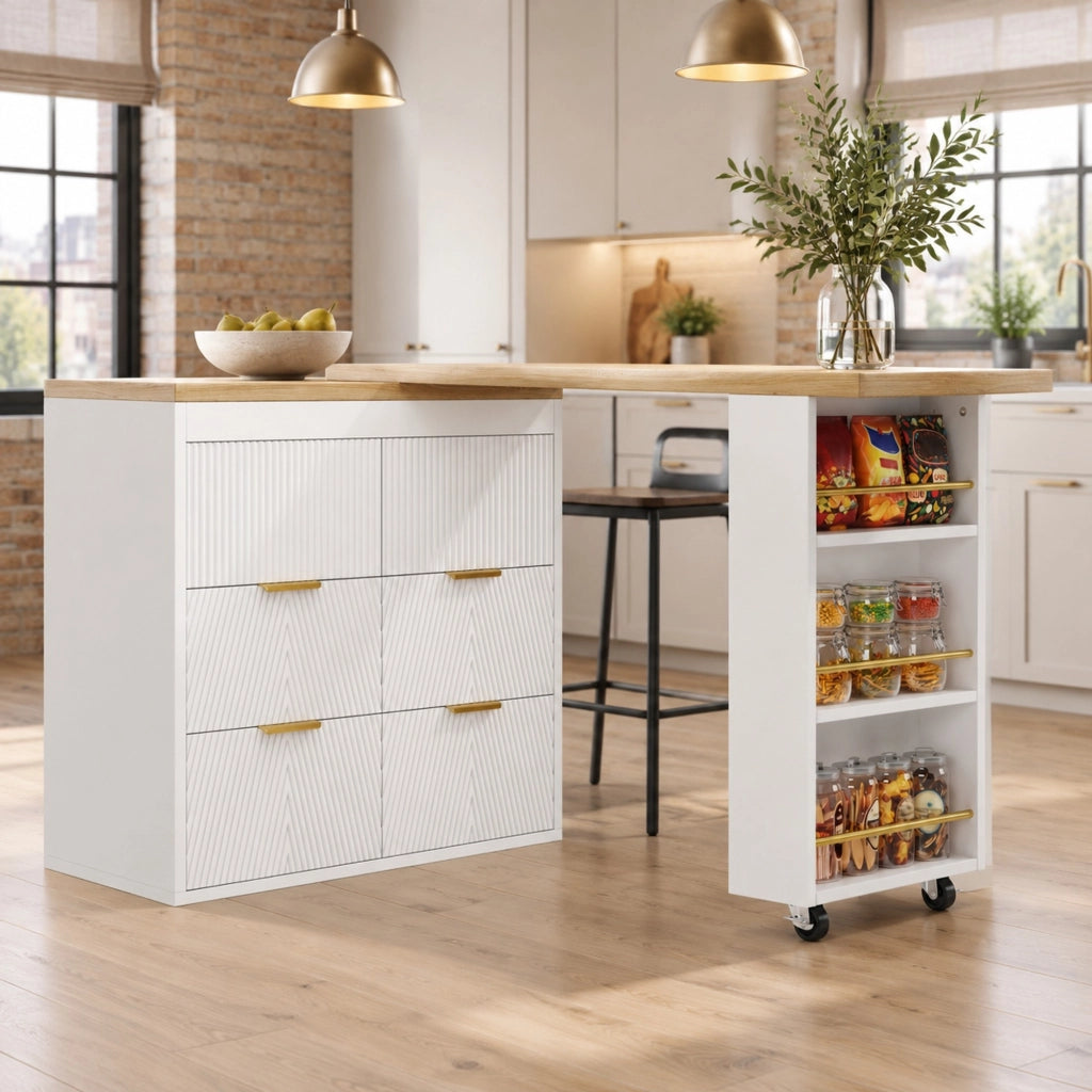 Tavolo bar IVMEU girevole a 360¡ã con 6 cassetti e vano laterale, 128-203 x 39 x 90 cm, bianco in MDF