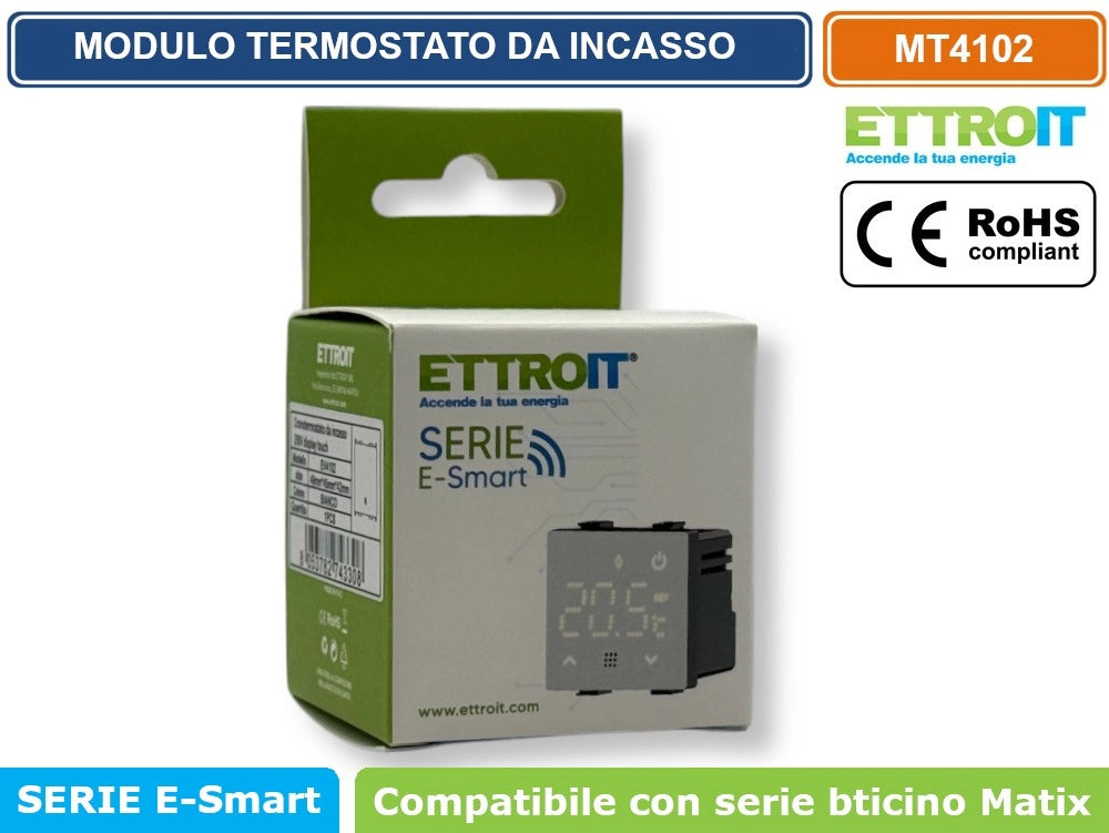 MODULO TERMOSTATO PROGRAMMABILE DA INCASSO 2P 240V DISPLAY TOUCH COMPATIBILE CON BTICINO SERIE MATIX - ETTROIT