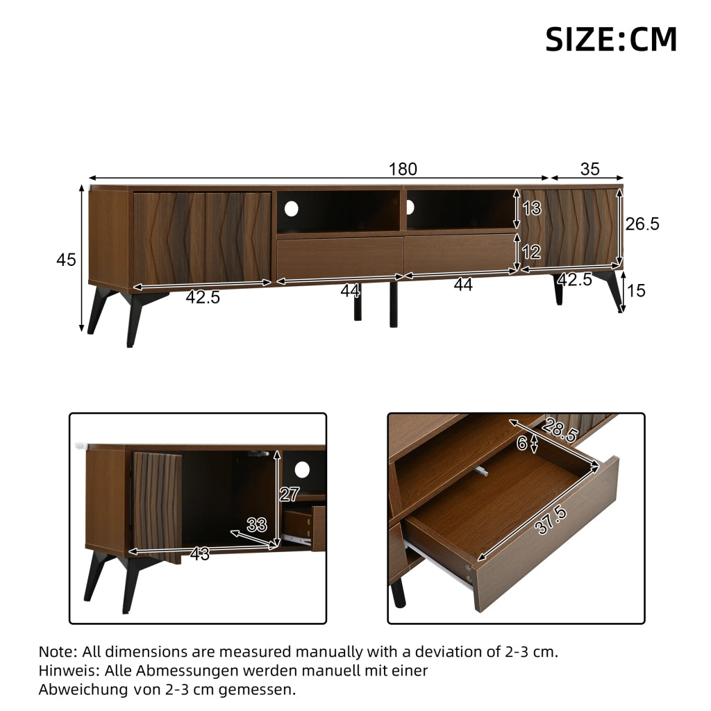Mobile TV 180 × 35 × 45 cm con 2 ante 2 cassetti e vani aperti in truciolare color noce con gambe regolabili