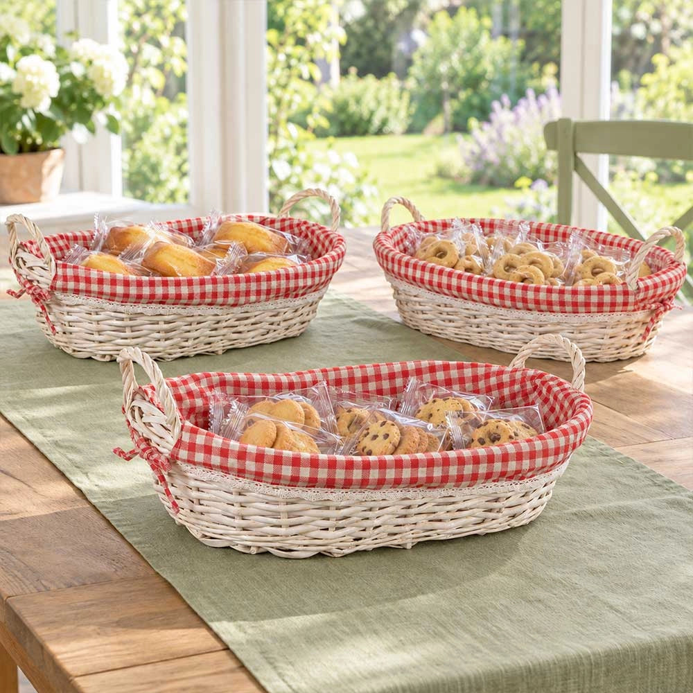 Ceste Ovali x3 Vimini Bianco Shabby con Manici e Stoffa a Quadretti 46x22x h15