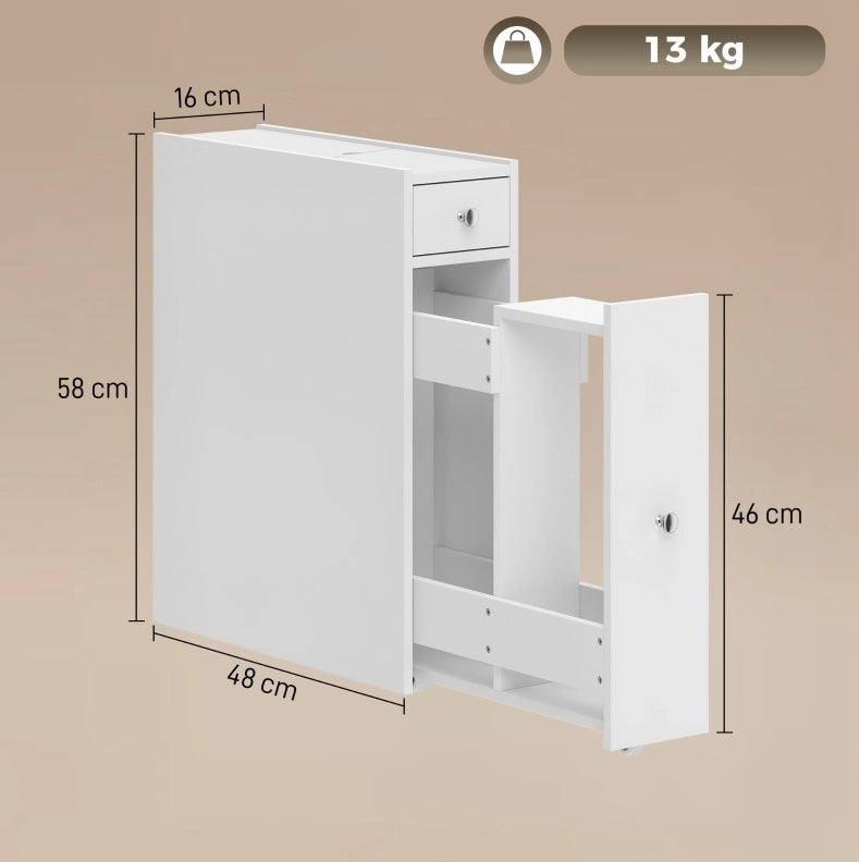 Mobiletto bagno stretto bianco con 2 cassetti e vano, 16x48x58 cm