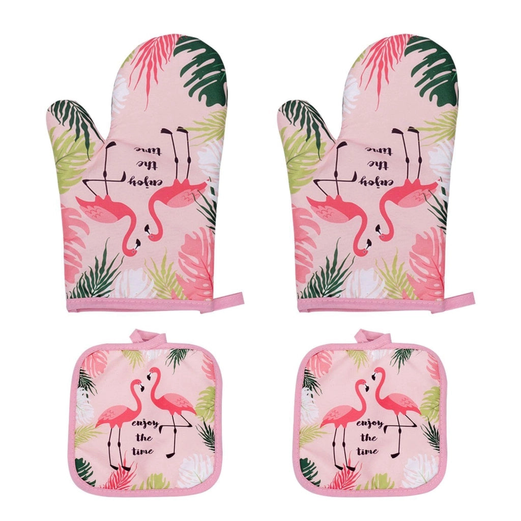 Presine e guanti da forno a forma di fenicottero, set da 4 pezzi, rosa