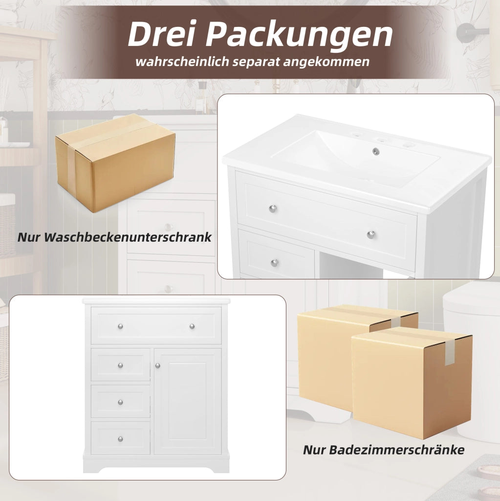 Mobile bagno moderno 76x46x87 cm con lavandino in ceramica, struttura MDF verniciata resistente all’umidità, 4 cassetti silenziosi, bianco