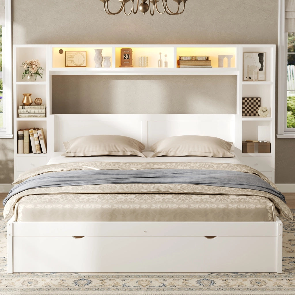 Letto a piattaforma 140 × 200 cm con testiera e pediera in MDF e compensato bianco 7 cassetti e LED