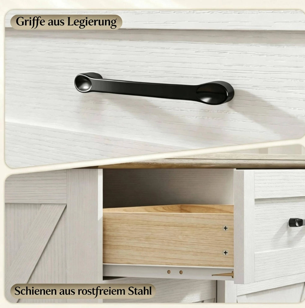 Isola cucina multifunzione con piano di lavoro, 2 cassetti e armadietto scorrevole in bianco e marrone antico, 106,4x57x92 cm