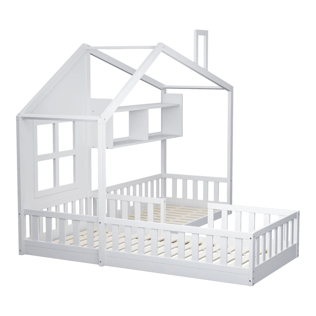 Letto per bambini a casetta 90x200 cm con ripiani e sponde; in MDF; bianco