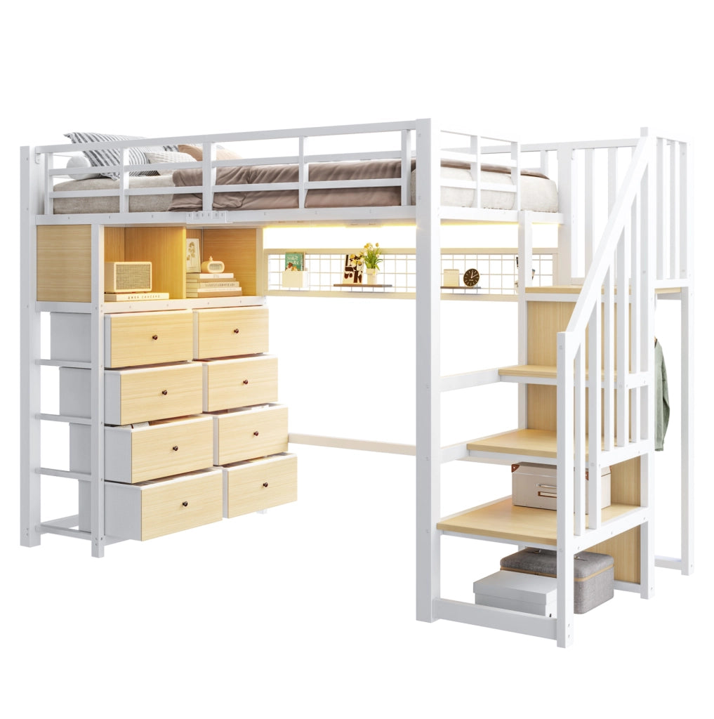 Letto a soppalco bianco 90 x 200 cm con 8 cassetti, scaffali e illuminazione