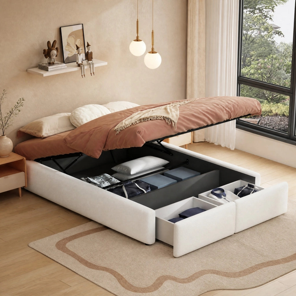 Letto imbottito 140x200 cm senza testiera con contenitore idraulico, 2 cassetti, bianco