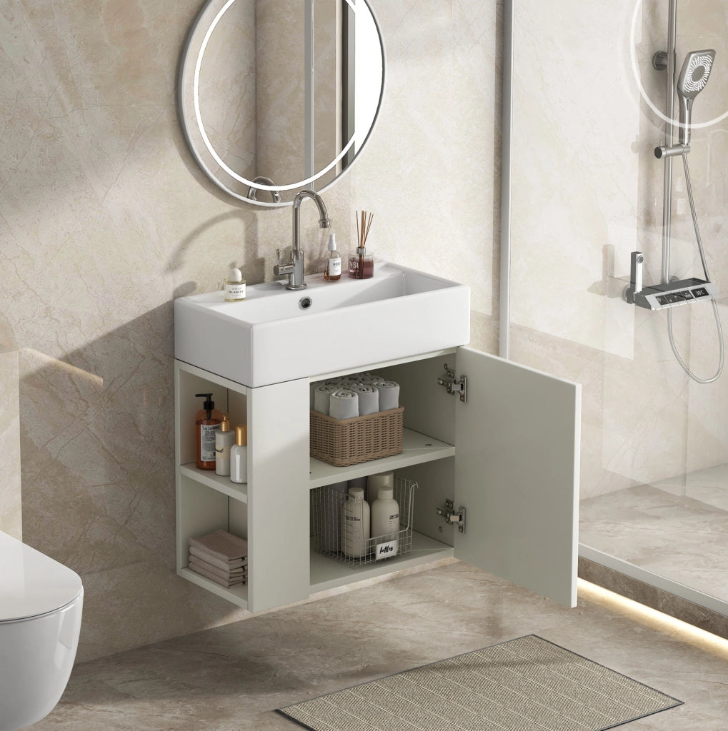 Mobile bagno sospeso bianco con lavabo in ceramica lucida 55 cm, design compatto per piccoli spazi