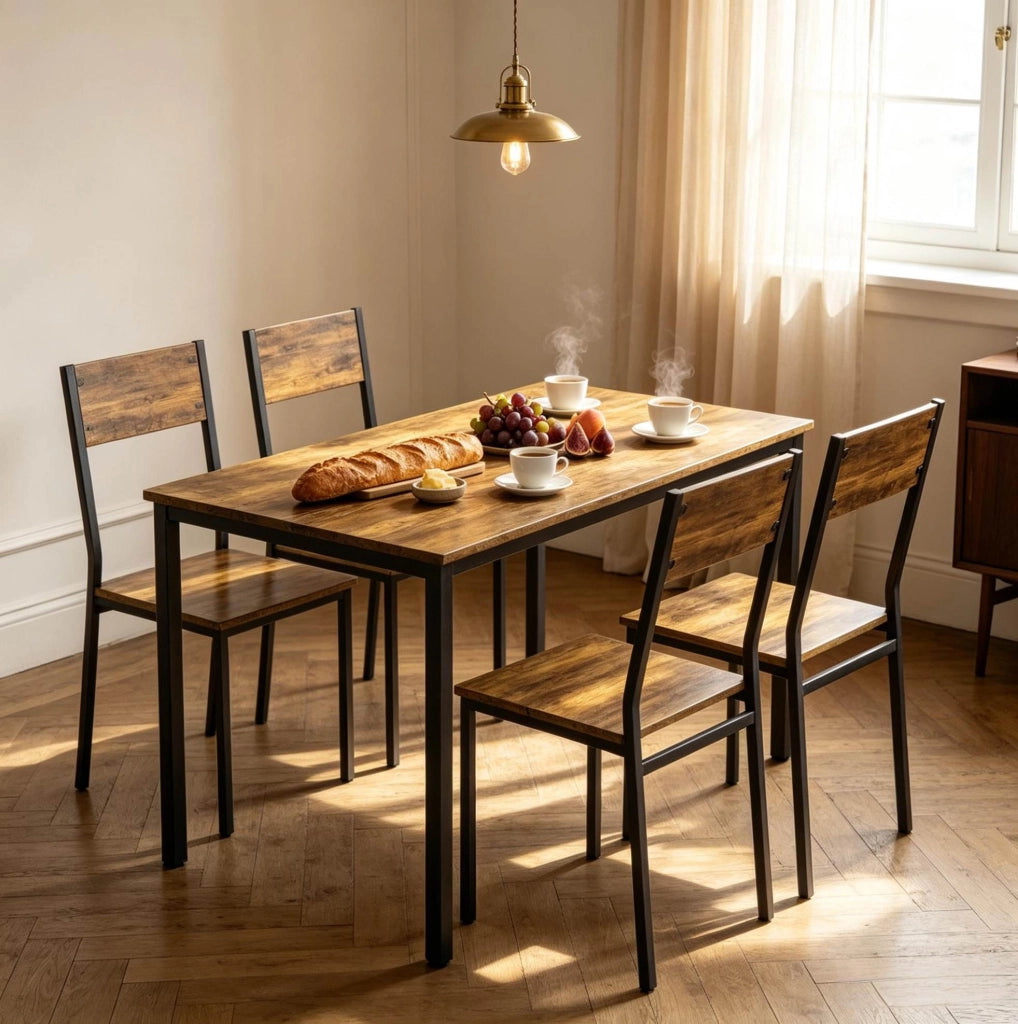 Set da pranzo 5 pezzi con tavolo rettangolare 108x60 cm e 4 sedie rustico marrone e nero