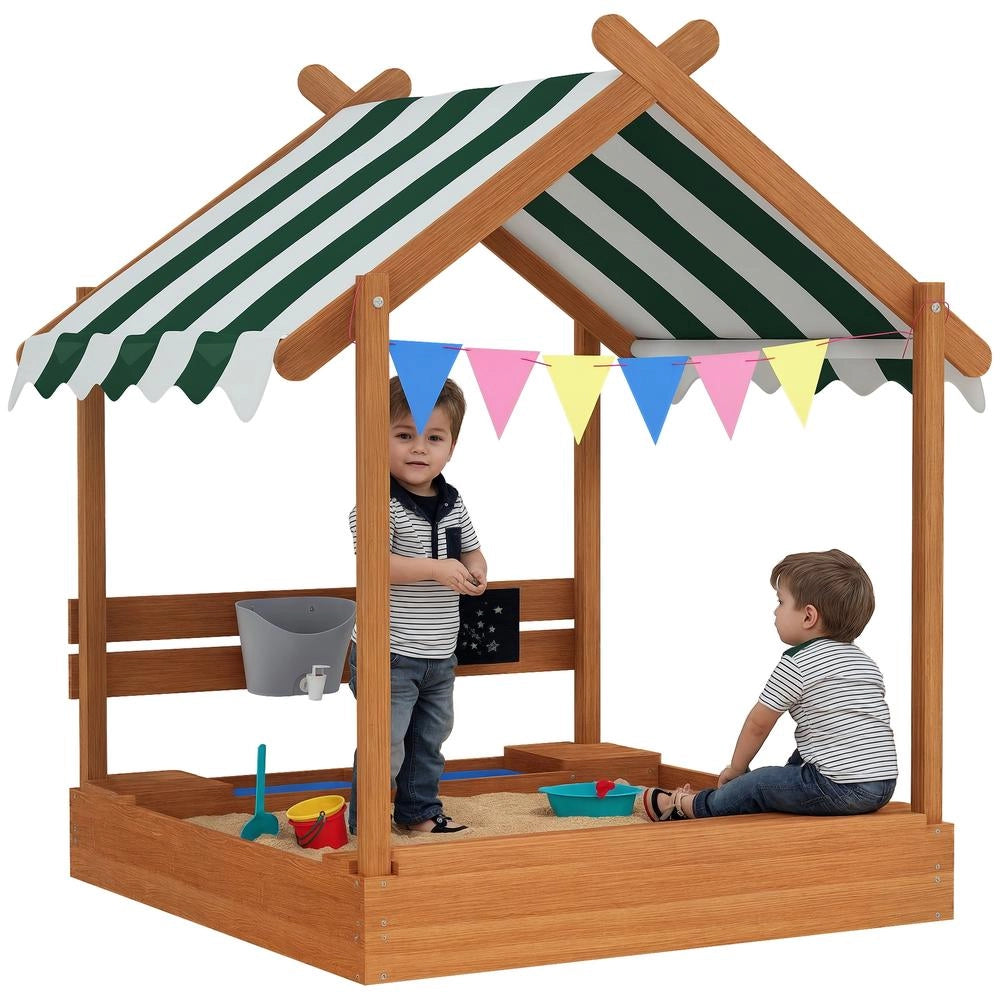 Sabbiera per Bambini con Tetto Parasole Casetta in Legno Massello Trattato con Set Giocattoli per Giardino Verde 124 x 116 x 146 cm
