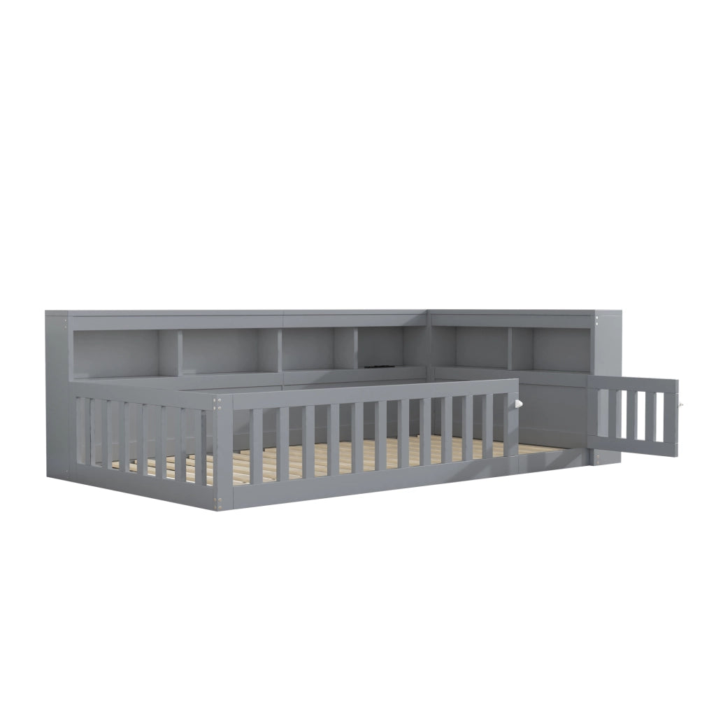 Letto giorno 90x200 cm con rete a doghe, guida estraibile, prese elettriche e USB, struttura in truciolato grigio