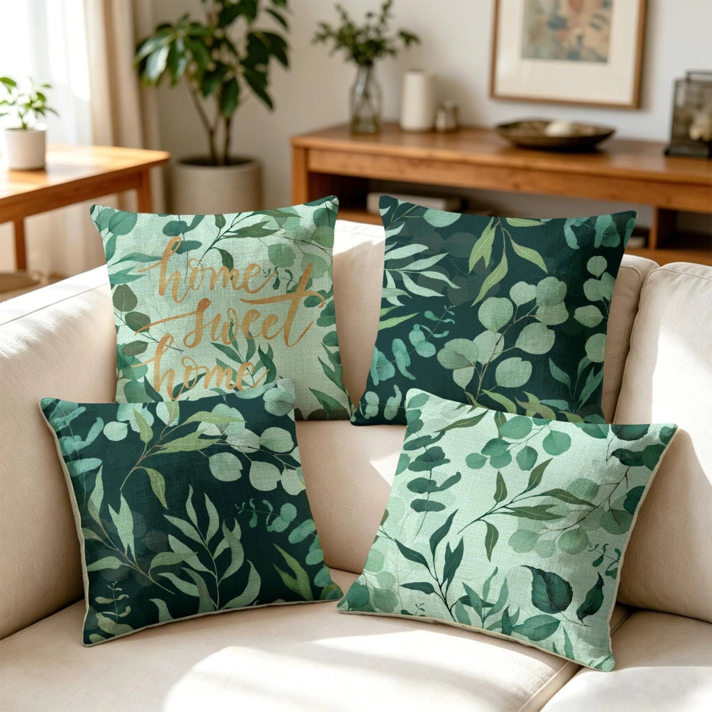 Cuscini decorativi, set da 4, 45x45 cm, in lino, con motivo di foglie verdi