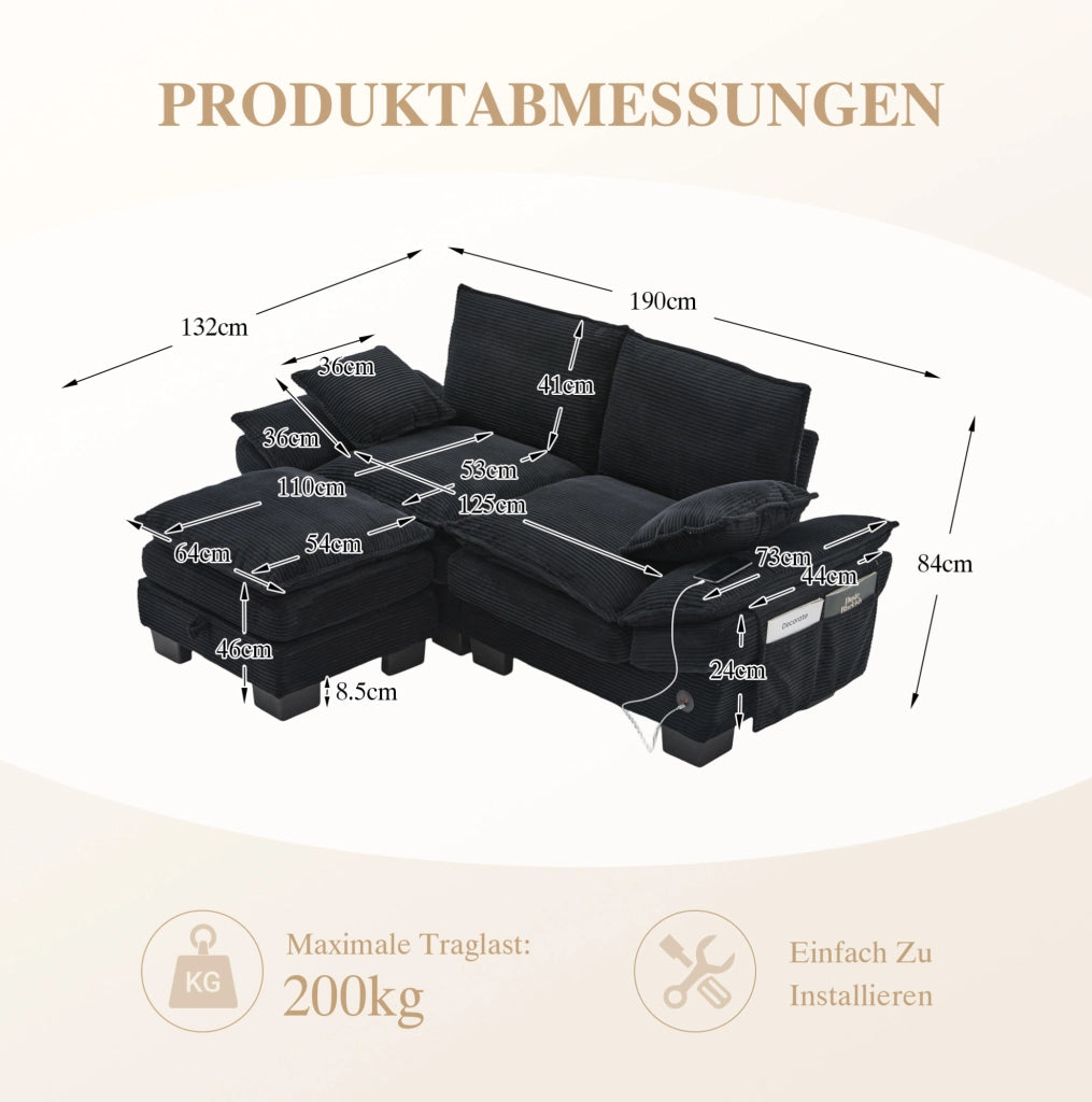 Divano 2 posti 190x132x84 cm con pouf contenitore, cuscini inclusi, USB-C e tasche laterali in tessuto a coste nero