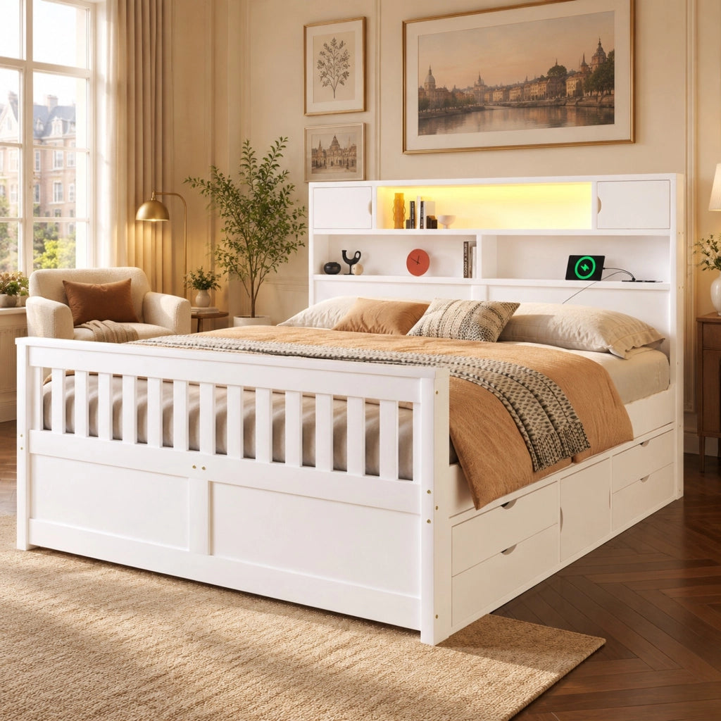 Letto con cassetti 160 × 200 cm con quattro cassetti; testiera libreria LED in MDF e compensato bianco