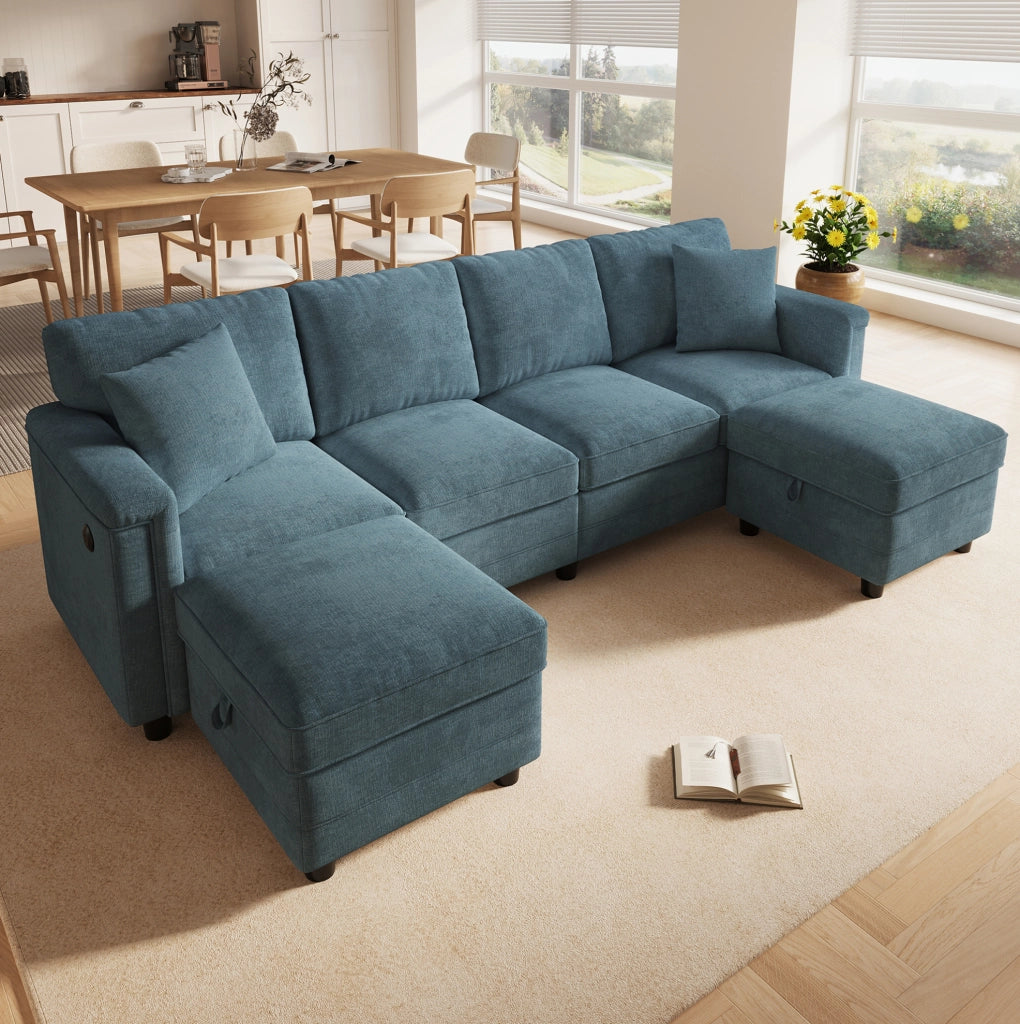 Divano modulare blu in ciniglia con due pouf contenitori
