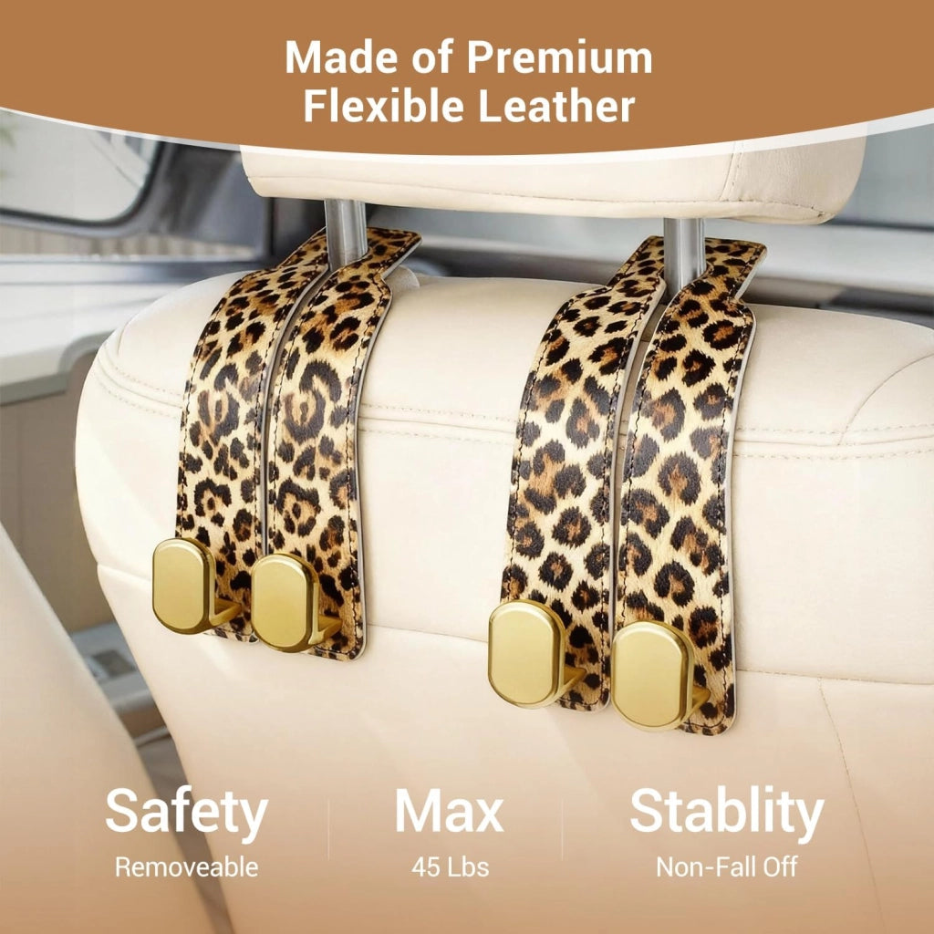 Set di 2 ganci per poggiatesta per auto, motivo leopardo, ecopelle, con doppio gancio