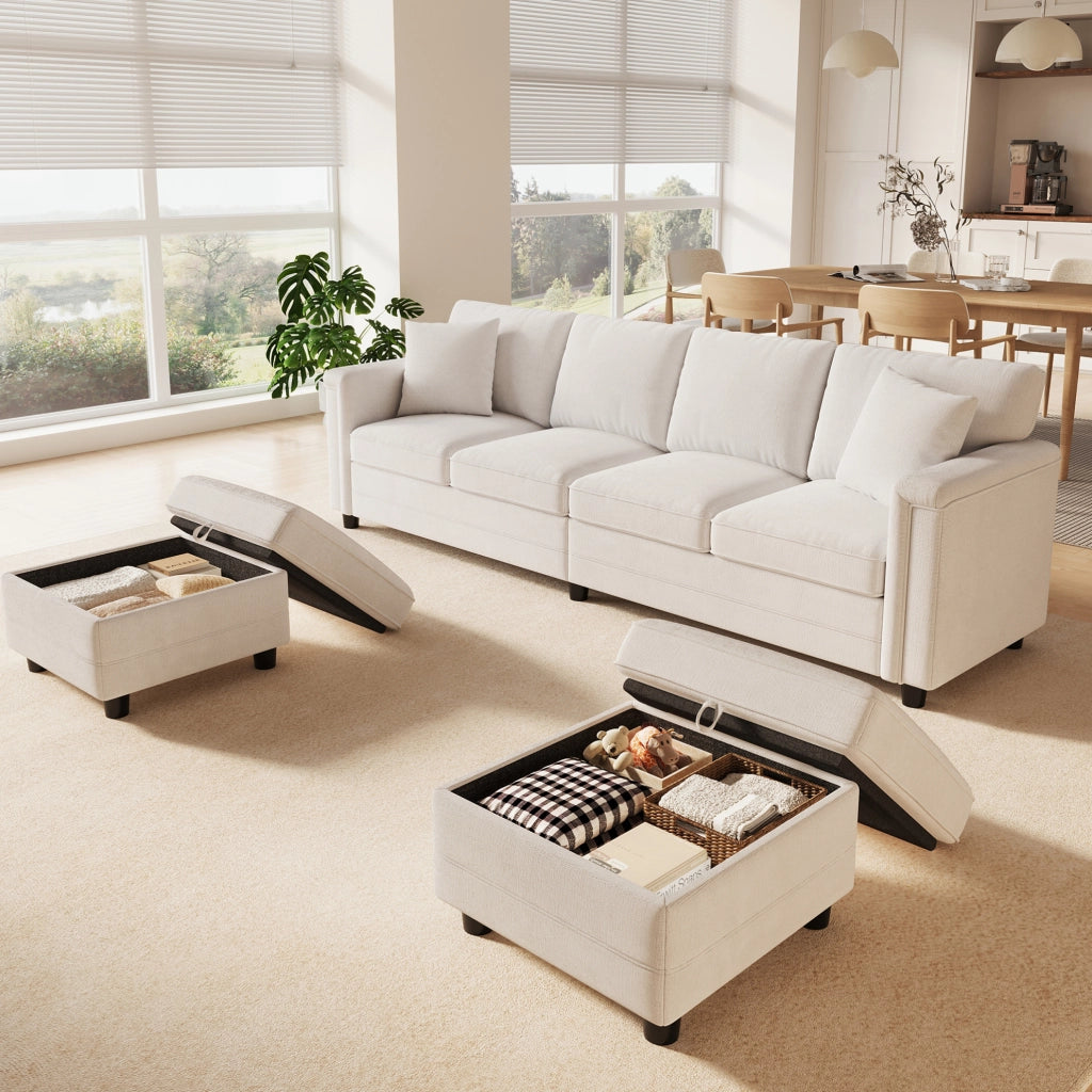 Divano modulare in ciniglia beige con 2 pouf contenitore e prese USB