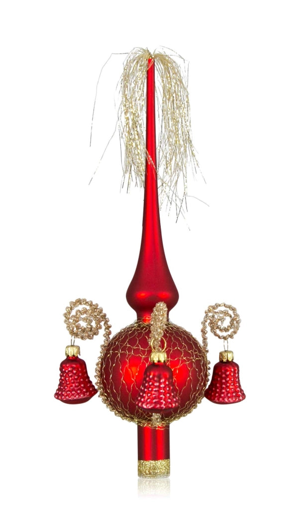 Punta per albero di Natale con campanelle rosse, soffiata a bocca, 28 cm
