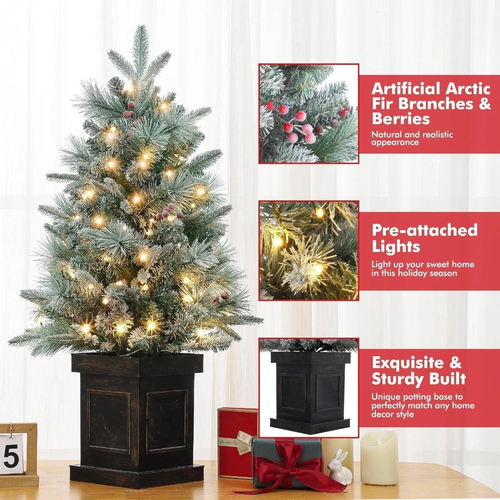 Albero di Natale Artificiale Innevato 90 cm, 78 LED Bianchi Caldi, Vaso Stilizzato con Zavorra in Cemento, 8 Modalita e Timer 6 h, IP44