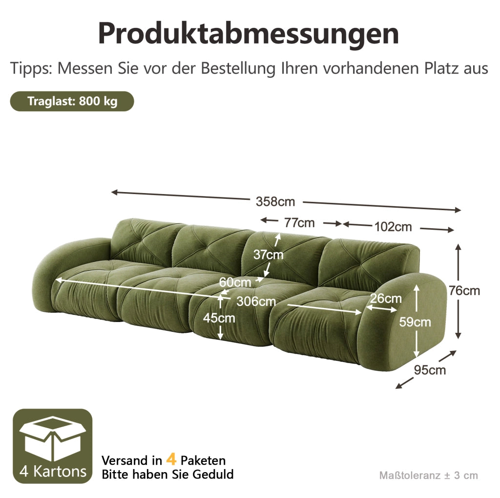 Divano modulare 4 posti con cuscini inclusi e moduli componibili in tessuto chenille verde per soggiorno, moderno