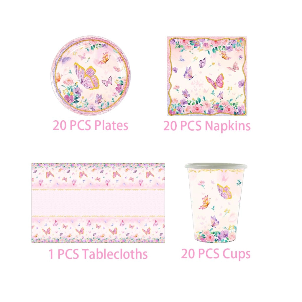 Set di stoviglie a tema farfalle, 61 pezzi, rosa, per 20 ospiti