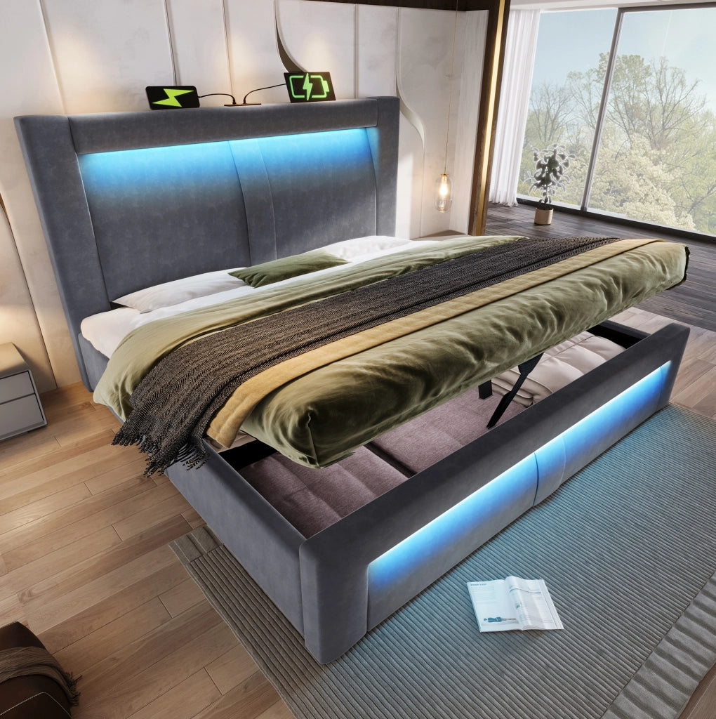 Letto matrimoniale 140x200 cm con contenitore; LED; USB e Type-C; velluto grigio