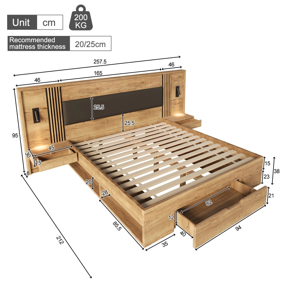 Letto matrimoniale 160x200 cm con due comodini integrati; contenitore; MDF; naturale