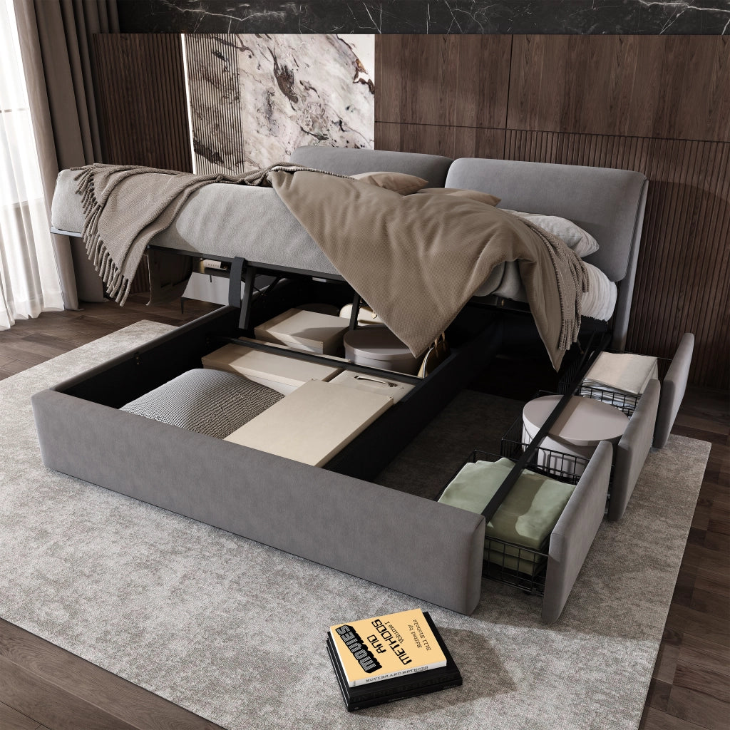 Letto contenitore 180x200 in velluto grigio; con tre cassetti