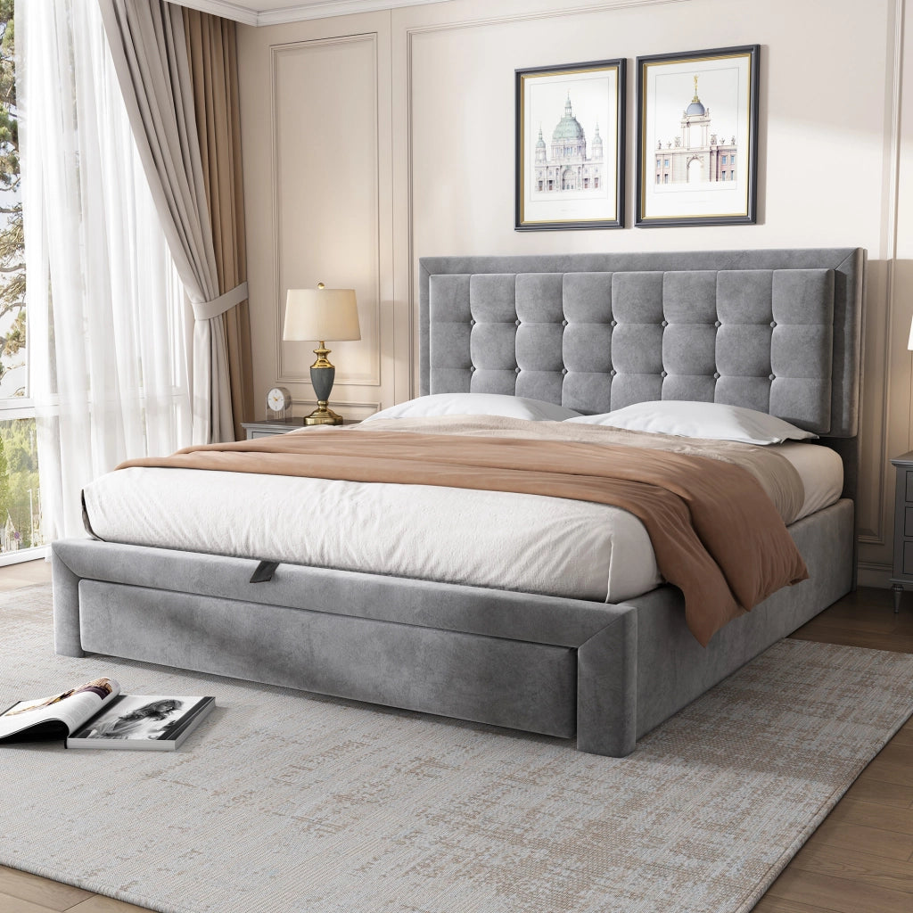 Letto contenitore 140 × 190 cm con testiera regolabile e 2 cassetti in velluto grigio