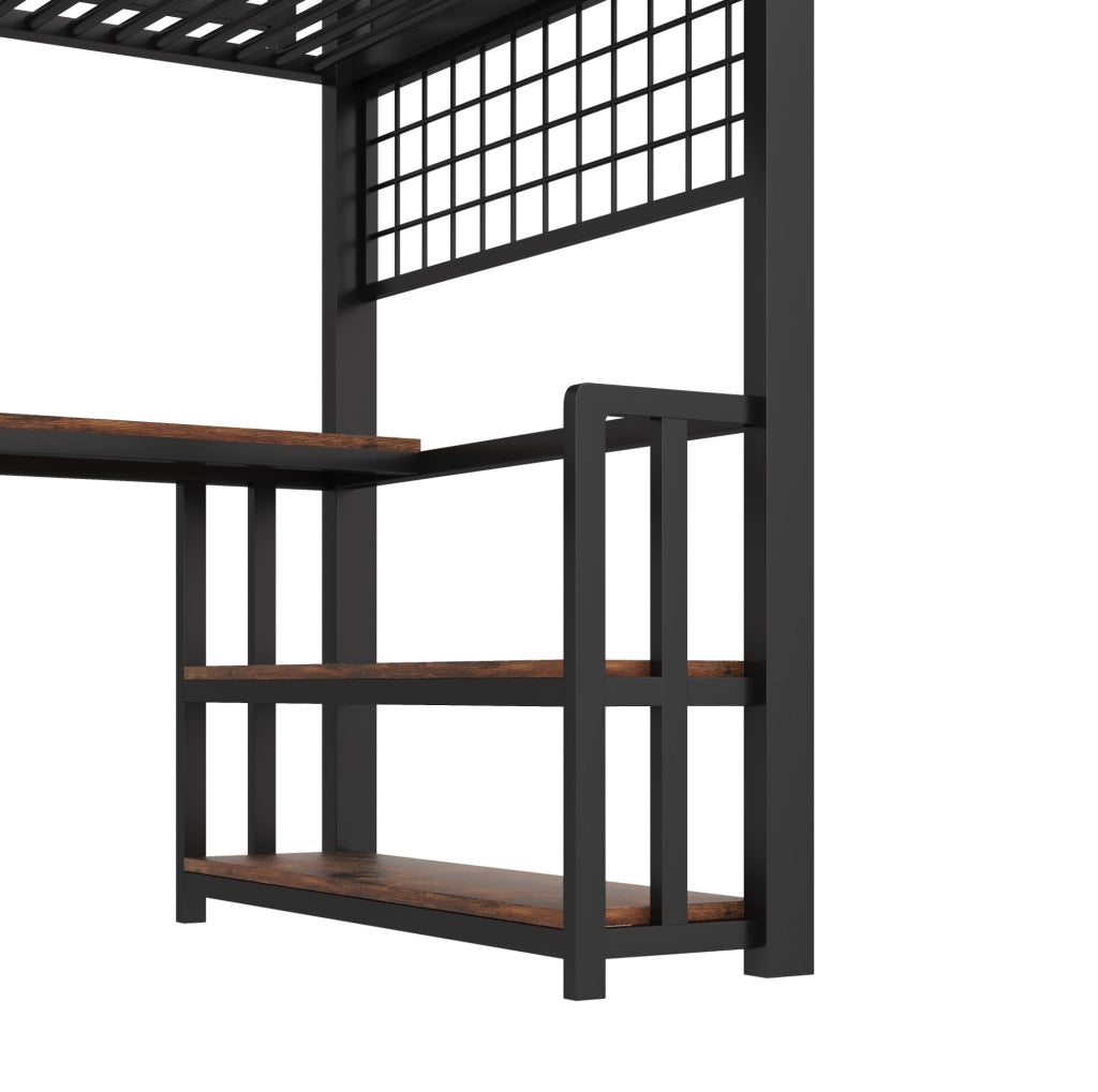 Letto a Castello 90x200 cm con Struttura in Ferro, Mensola, Rete Appendibile, Striscia LED, Scrivania, Scale con Spazio di Stoccaggio, 2 Porte USB e 1 Porta Tipo-C, Nero, Senza Materasso