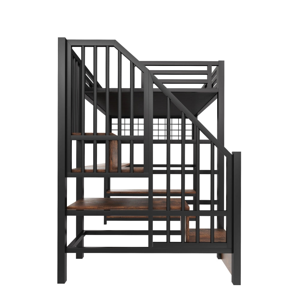 Letto a Castello 90x200 cm con Struttura in Ferro, Mensola, Rete Appendibile, Striscia LED, Scrivania, Scale con Spazio di Stoccaggio, 2 Porte USB e 1 Porta Tipo-C, Nero, Senza Materasso