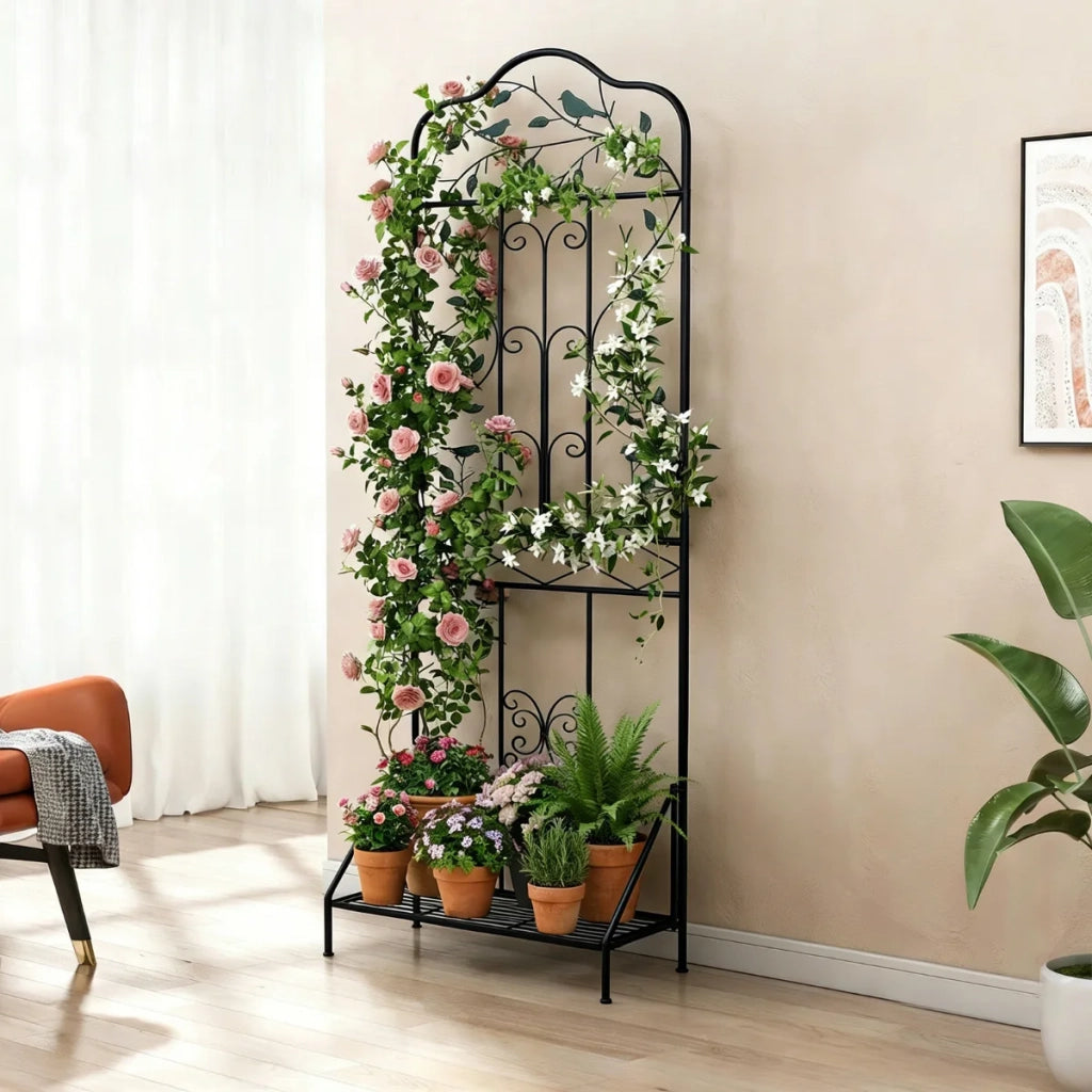 Set di 2 Tralicci da Giardino in Metallo Nero con Ripiano Pieghevole e Picchetti per Piante Rampicanti e Rose