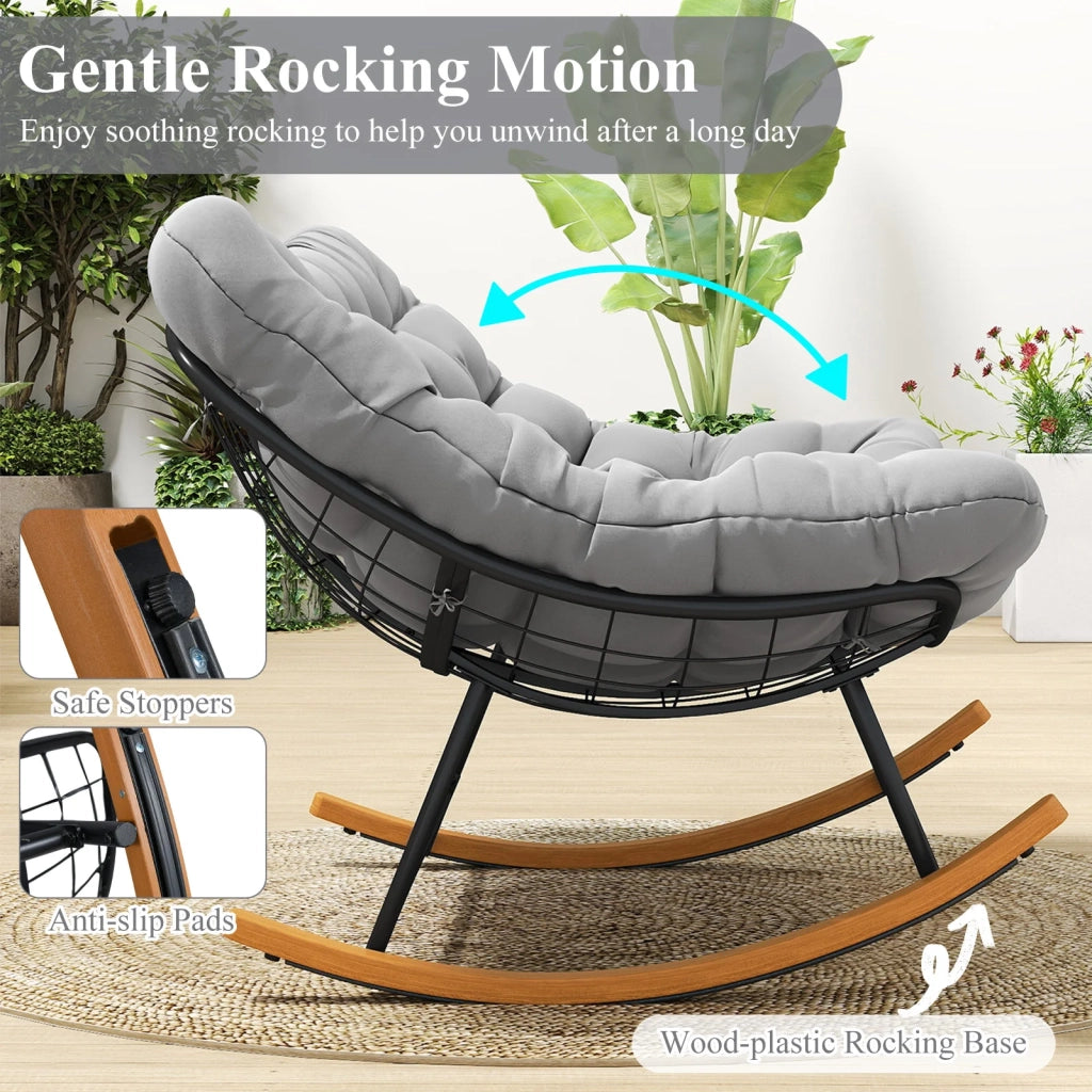 Sedia a dondolo papasan doppia 2 posti in metallo grigio con cuscino spesso 20 cm, poltrona relax per giardino e casa